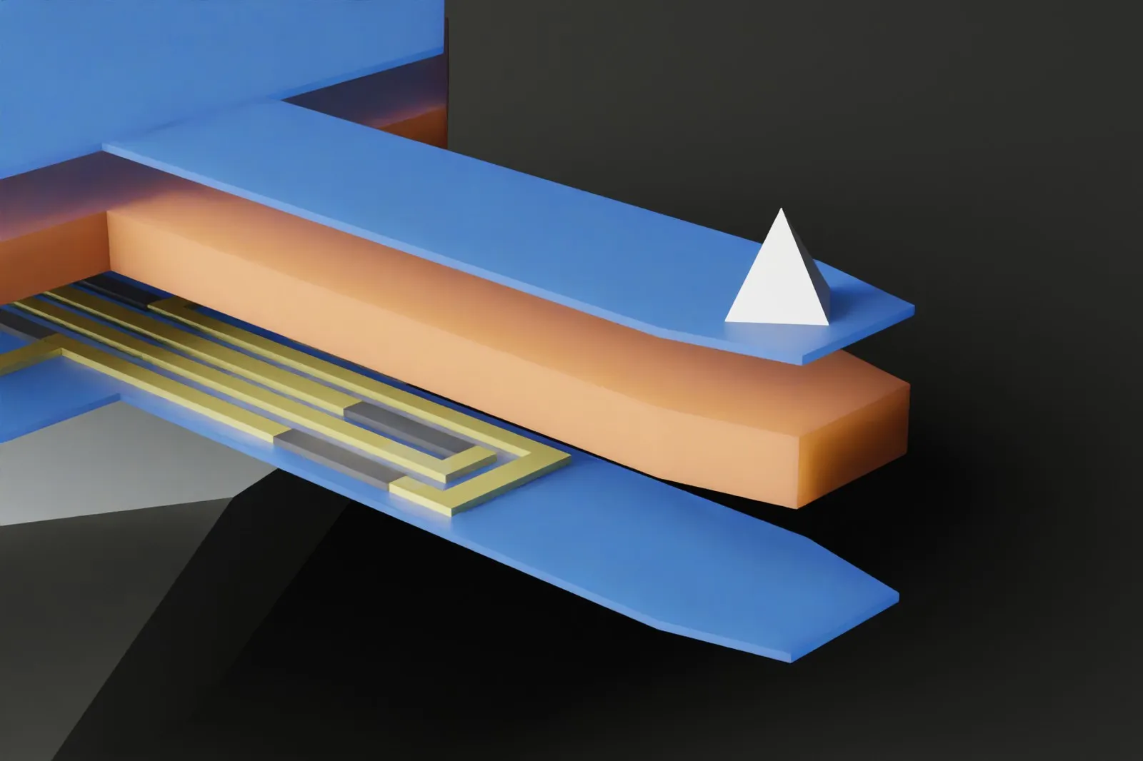 The Trilayer cantilever: a polymer core between two hard layers, with the strain sensors embedded between the layers.