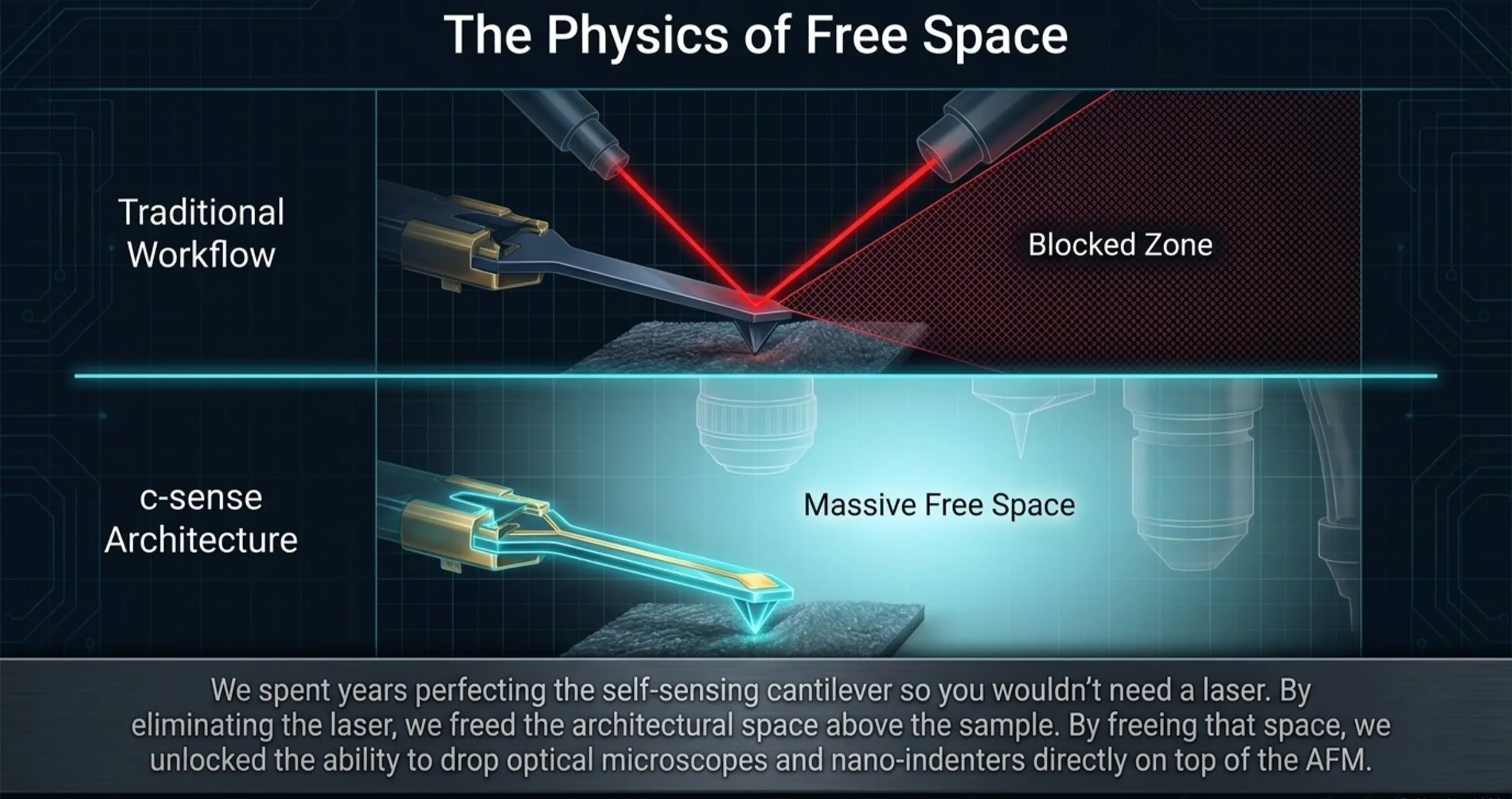 With laser readout the space above the cantilever is blocked by optics; a self-sensing cantilever leaves it free for optical microscopes and nano-indenters