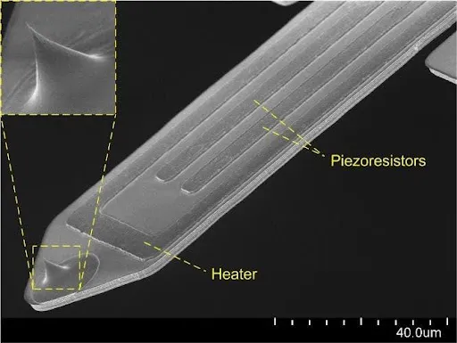 SEM image of a silicon self-sensing cantilever with Si tip, with piezoresistors and heater labeled