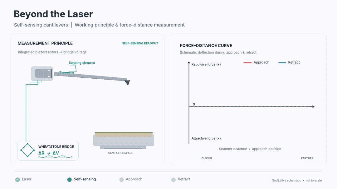 Animation of a self-sensing cantilever measuring a force-distance curve
